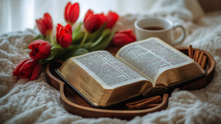 An inviting reading space features an open book next to vibrant red tulips, a cup of coffee, and cinnamon sticks, all set against a soft background of natural light.の素材