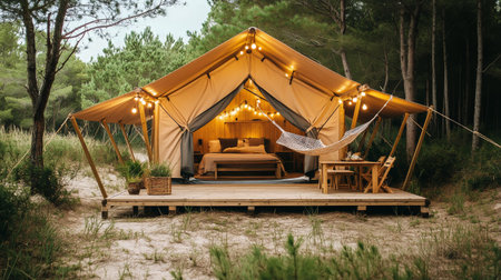 Cozy glamping tent in a forest clearing features warm lighting, a hammock, and a comfortable bed, surrounded by lush greenery and tall trees on a bright day.の素材