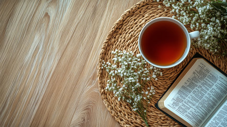 A cup of warm tea rests beside an open book on a woven tray. Delicate white flowers decorate the scene, creating a soothing and inviting atmosphere in a cozy space.の素材