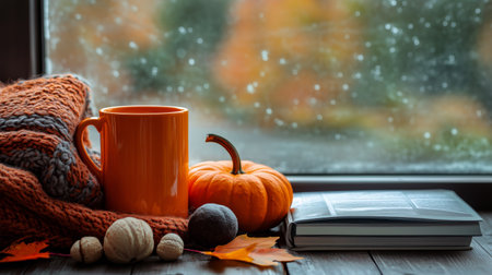 Warm orange mug sits beside a small pumpkin, cozy blanket, and a book near a window with leaves changing color outside. A perfect fall atmosphere for relaxation.の素材