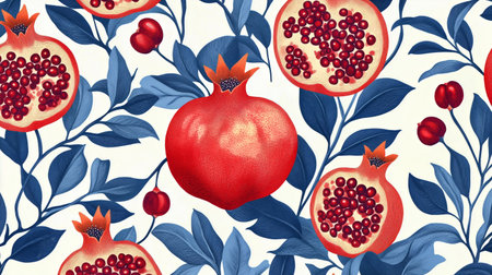 Bright red pomegranates surrounded by green leaves create a beautiful decorative pattern, showing vibrant colors and intricate details that celebrate natures beauty and abundance.の素材