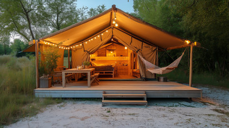 A stylish glamping tent rests on a wooden deck surrounded by tall grass and trees, featuring outdoor furniture and a hammock, illuminated gently by string lights at twilight.の素材