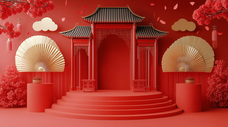 Bright red stage features elegant fans and floral elements, creating a vibrant atmosphere for a cultural event. Ideal for performances or festive rituals during important occasions.の素材