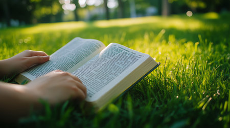 A person holds an open book while seated on grass in a park during early evening. Sunlight filters through trees, creating a warm and inviting atmosphere for reading.の素材