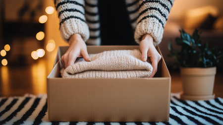 Hands are folding and arranging soft, knitted sweaters inside a cardboard box in a warmly lit indoor space with decorations. The cozy atmosphere hints at winter preparation.の素材