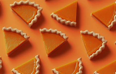 Brightly colored dessert slices are arranged in a patterned layout against a vibrant orange background, showing their appealing design and contrasting colors.の素材
