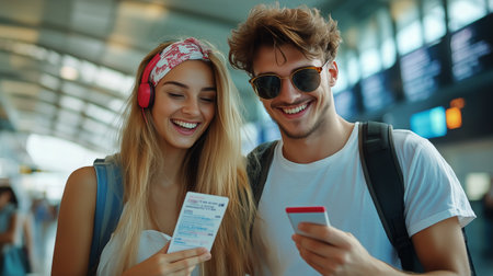 Two smiling young adults share a moment at a bustling train station, checking their travel tickets and exchanging laughter as they prepare for an adventure together.の素材