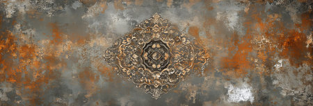 Ornate wall decor displays intricate patterns, blending earthy tones with golden highlights, creating a timeless and decorative atmosphere suitable for various interior styles.の素材