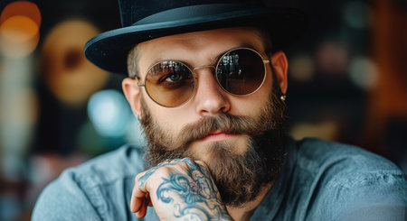 A man with a full beard and intricate tattoos is seated indoors, wearing round sunglasses and a stylish hat while gazing thoughtfully in a cozy setting during daylight.の素材