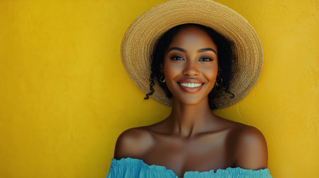A young woman with braids wears a large sun hat and a blue off-shoulder top while posing cheerfully in front of a bright yellow wall, capturing a joyful summer vibe.の素材