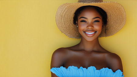 Woman with curly hair smiles warmly while wearing a blue top and a straw hat, set against a bright yellow wall that enhances her joyful expression.の素材