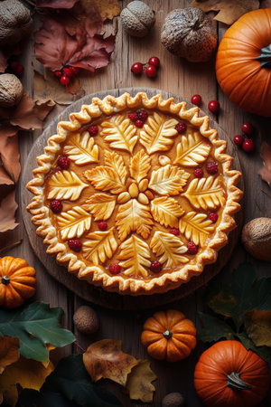 Delicious pie features intricate leaf designs and berries on top, placed on a rustic wooden table adorned with autumn leaves and pumpkins, creating a cozy seasonal atmosphere.の素材