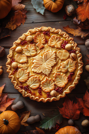Delicious pie features intricate leaf designs and berries on top, placed on a rustic wooden table adorned with autumn leaves and pumpkins, creating a cozy seasonal atmosphere.の素材