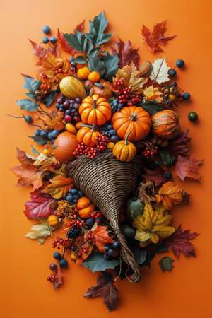 A bountiful arrangement features various pumpkins and colorful fall leaves, placed in a woven cornucopia on an orange backdrop, celebrating the beauty of autumn harvest.の素材