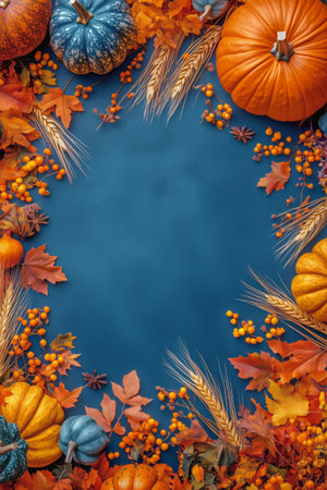 A creative display of various pumpkins surrounded by orange and yellow leaves, pine cones, and berries on a blue surface, capturing the essence of fall.の素材