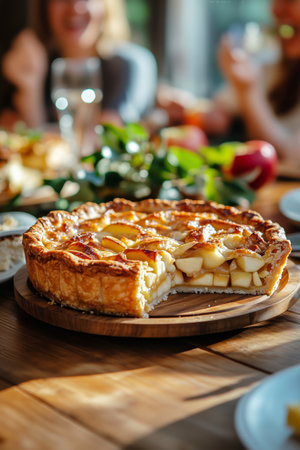 Friends enjoy a delicious homemade apple pie during a cheerful gathering in a bright kitchen on a sunny afternoon, surrounded by fresh ingredients and laughter.の素材