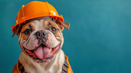 A cheerful bulldog in an orange construction helmet poses against a blue backdrop, showcasing its playful personality and unique outfit.の素材