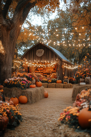 An autumn market features colorful pumpkins and blooming flowers arranged around a rustic wooden barn. String lights illuminate the vibrant scene, inviting visitors to explore.の素材