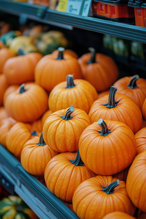 Bright orange pumpkins fill the shelves of a market, showcasing their vibrant color and varied sizes during the fall season.の素材