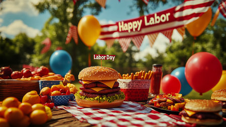 A vibrant picnic setup showcases a variety of food items, including burgers and fries, alongside festive balloons and decorations for Labor Day celebrations in a sunny park.の素材