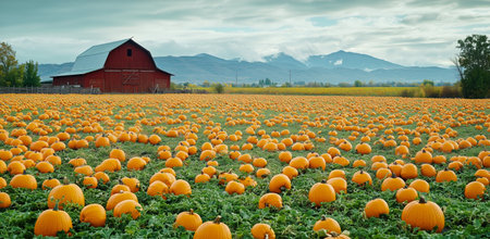 Rows of bright orange pumpkins fill a large field beside a rustic red barn, with rolling hills and cloudy skies creating a picturesque autumn setting as autumn daylight settles.の素材