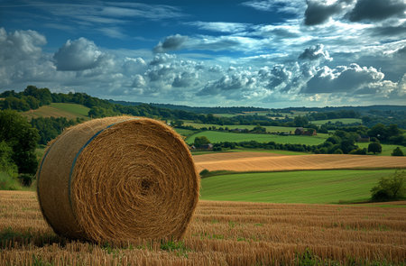 Hay bales rest in a lush green field while rolling hills stretch into the distance. Bright clouds hover above the serene countryside, creating a picturesque rural setting.の素材