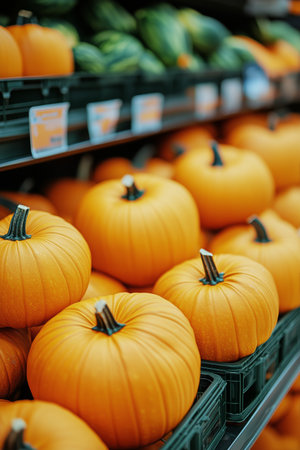 A vibrant display of bright orange pumpkins fills the shelves of a grocery store. Shoppers enjoy the festive atmosphere of the autumn harvest season.の素材