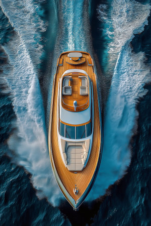 A sleek luxury yacht speeds across deep blue waters, leaving a wake behind it. Bright sunlight highlights the elegant design, showcasing relaxation and adventure on the open sea.の素材