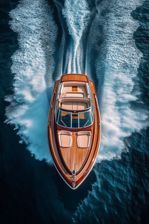 A sleek motorboat glides effortlessly across clear blue waters, leaving behind frothy white waves. Bright sunlight reflects off the smooth wooden deck, enhancing its elegance.の素材