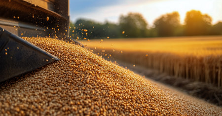 Grains pour from a combine harvester onto a field during the golden hours of sunset, illuminating rows of wheat ready for harvest.の素材