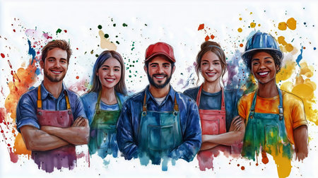 Group of five workers stand together wearing colorful aprons and hats, showcasing their teamwork and professionalism against a bright backdrop. Their friendly expressions highlight unity.の素材