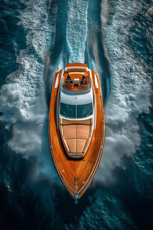 A sleek wooden yacht moves gracefully across vibrant blue waters under bright sunlight, leaving a trail of white froth in its wake as it enjoys a perfect day at sea.の素材