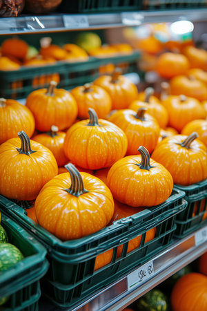 Bright orange pumpkins fill the shelves of a market, showing their vibrant color and varied sizes during the fall season.の素材