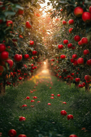 Rows of apple trees are laden with bright red fruit, creating a beautiful pathway. Sunlight filters through the branches, illuminating the grassy ground strewn with fallen apples.の素材