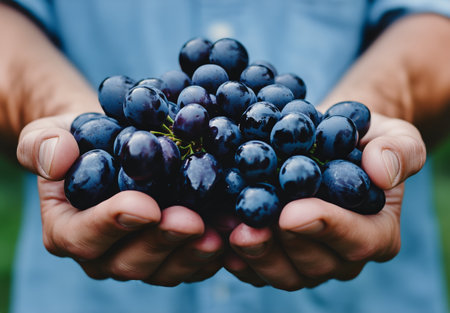 Hands hold a generous bunch of dark grapes, glistening in the sunlight, showing the freshness of the harvest. The vibrant color highlights the seasonal bounty.の素材