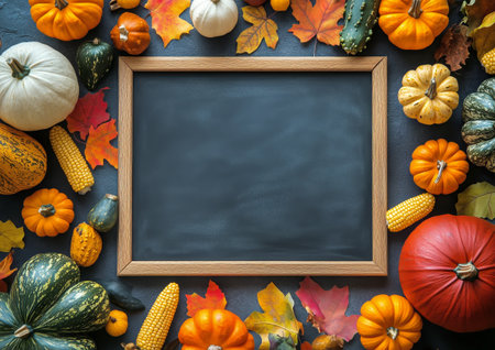 A vibrant assortment of pumpkins and colorful autumn leaves surrounds a blank chalkboard. This harvest arrangement showcases the beauty of fall produce and seasonal decor.の素材