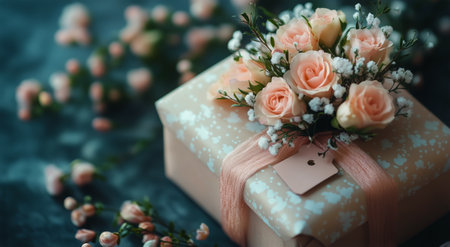 A carefully wrapped gift featuring soft pink roses and white babys breath lies on a dark textured surface. Surrounding blooms enhance the elegant display for any special occasion.の素材