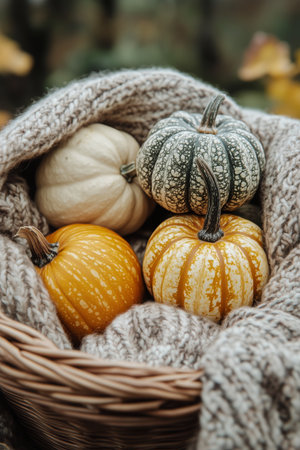A woven basket filled with various pumpkins rests on a bed of colorful autumn leaves, accompanied by a soft gray knit blanket, creating a warm seasonal display.の素材