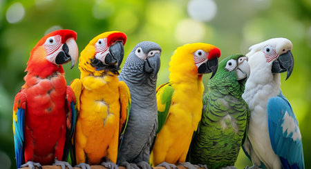 A group of six parrots with bright plumage sits side by side on a branch, showing their vivid colors in a lush, green environment under sunlight.の素材