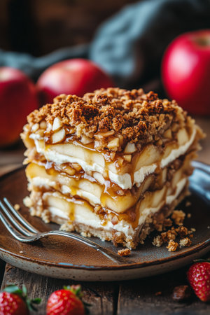 Layers of baked apples topped with sweet crumble and garnished with a fresh strawberry are placed on a rustic plate. The dessert showcases a warm, inviting look perfect for autumn.の素材