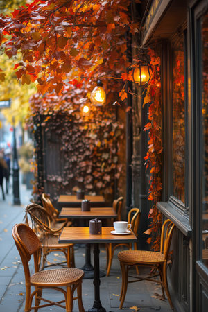 Charming outdoor seating at a cafe adorned with colorful autumn leaves. Warm lights illuminate the area, creating a welcoming atmosphere for patrons.の素材