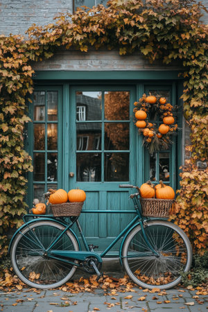 A vintage bicycle rests against a picturesque door adorned with vibrant pumpkins. Ivy climbs the walls, creating a cozy autumn atmosphere. A wreath completes the seasonal charm.の素材