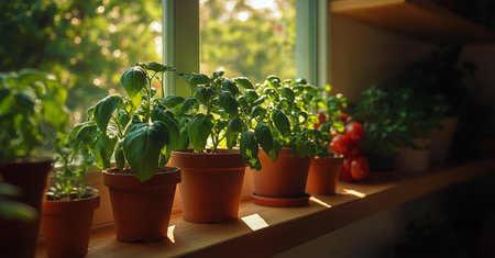 Basil and tomato plants grow in clay pots along a bright windowsill, basking in warm afternoon sunlight. Vibrant red tomatoes sit beside the thriving greenery.の素材
