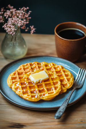 Waffles topped with a pat of butter and rich syrup are beautifully presented on a blue plate next to a warm cup of coffee. Delicate flowers enhance the cozy atmosphere.の素材