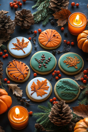 Autumn-themed cookies featuring leaf designs are beautifully arranged with pinecones, berries, and candles, creating a warm and inviting atmosphere for a seasonal celebration.の素材