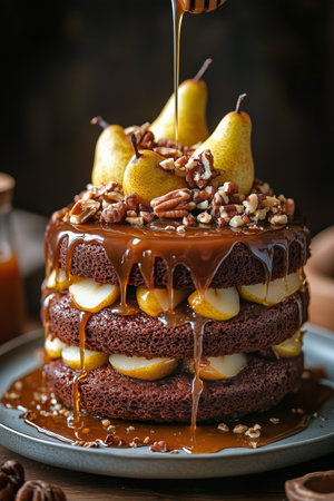 A rich chocolate cake layered with fresh pears and drizzled with caramel sits on a rustic table adorned with nuts. The setting captures the essence of autumn desserts.の素材
