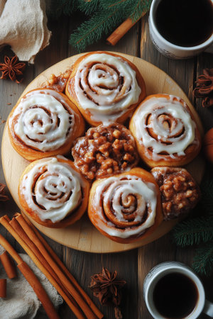 A wooden platter presents a variety of warm cinnamon rolls topped with icing, surrounded by coffee cups and fragrant spices, creating a cozy dining experience.の素材