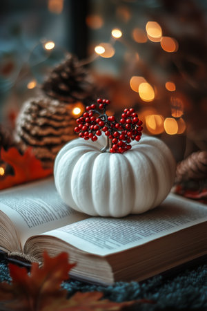 A white pumpkin adorned with bright red berries rests on an open book, surrounded by pine cones and warm festive lights in a cozy autumn atmosphere.の素材