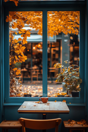 Bright autumn leaves frame a tranquil cafe window, showcasing a rustic wooden table and a warm beverage awaiting. The peaceful atmosphere highlights seasonal change.の素材