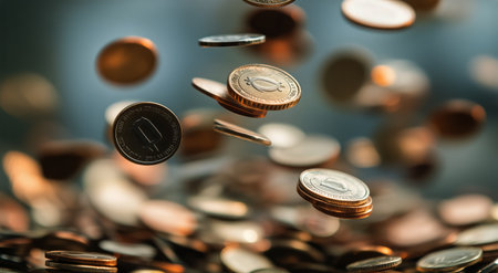 Coins are neatly stacked and appear to float above a surface, surrounded by additional coins scattered around. The composition emphasizes the theme of wealth and financial stability.の素材